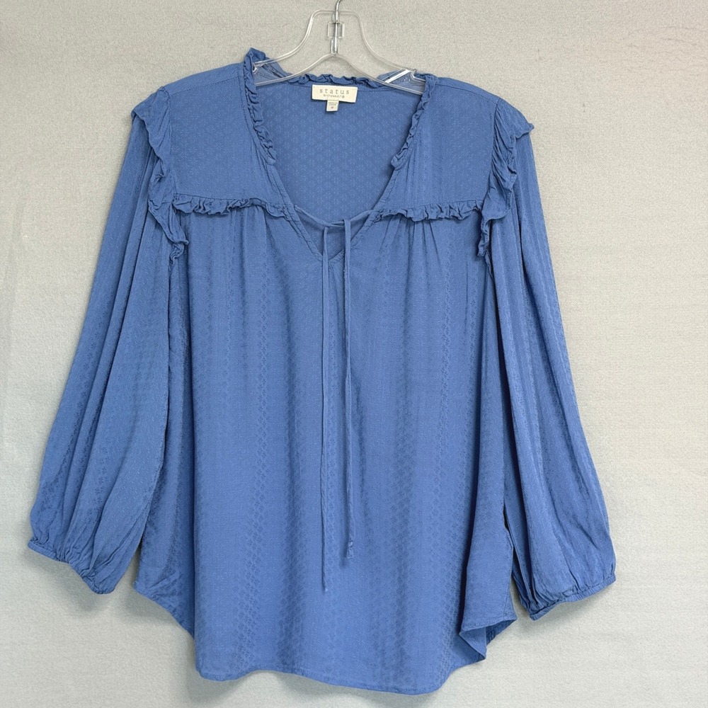 Status by Chenault Ruffle Tie Neck Blouse Womens Size M Blue Boho Peasant Top